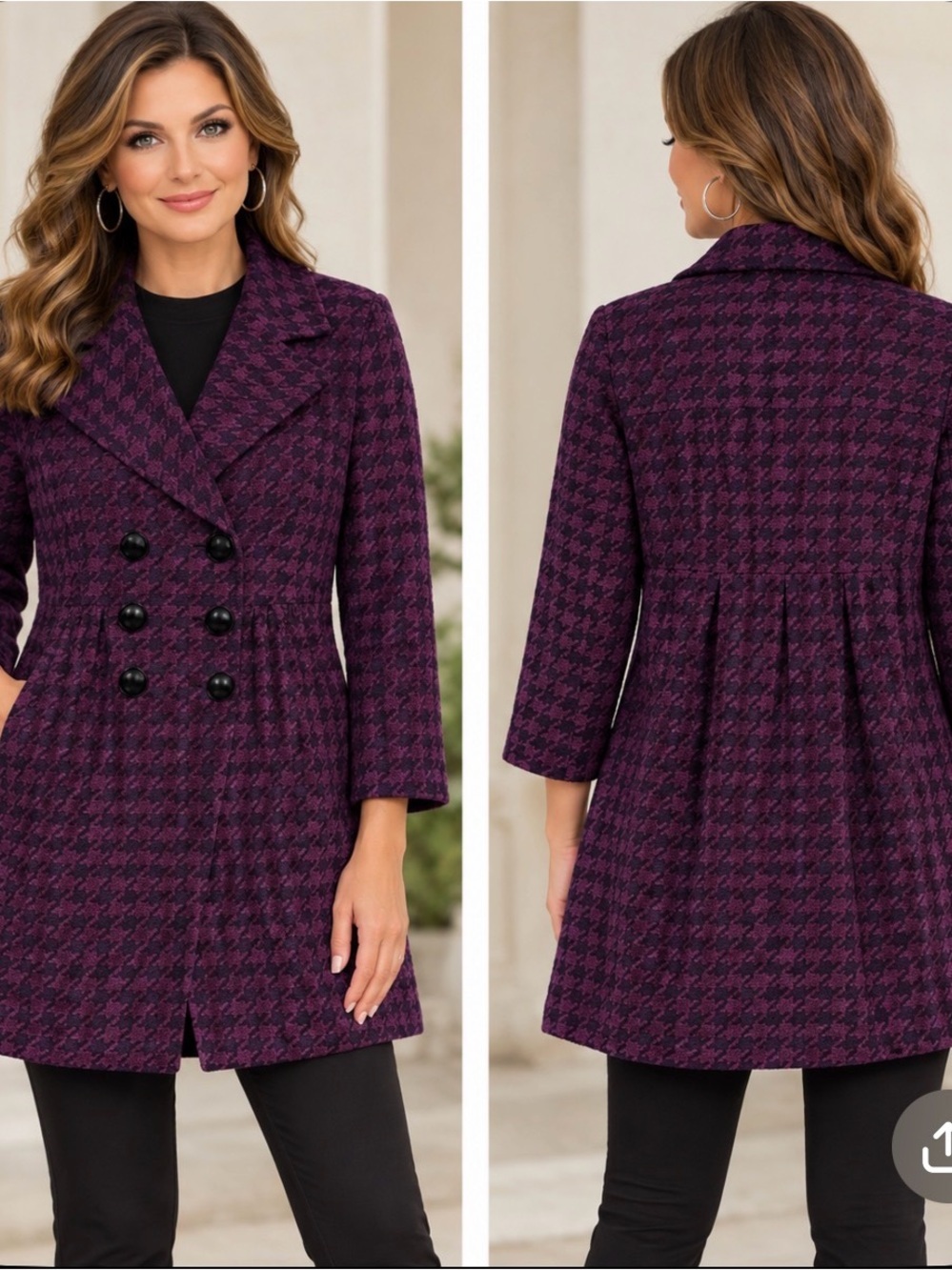 Mac & Jac Double-breasted, Purple/black mid-length Houndstooth coat.